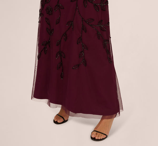 Adrianna Papell Sleeveless Blouson Mermaid Gown With Jasmine Beading In Cassis