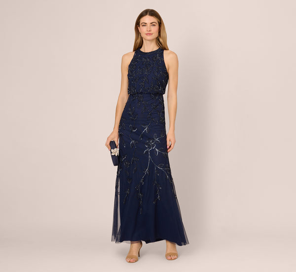 adrianna papell Sleeveless Blouson Mermaid Gown With Jasmine Beading In Light Navy