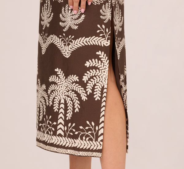 Adrianna Papell Sleeveless Bow Front Palm Tree Sundress In Brown Ivory