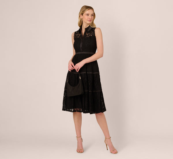 adrianna papell Sleeveless Collared Lace Fit And Flare Dress In Black