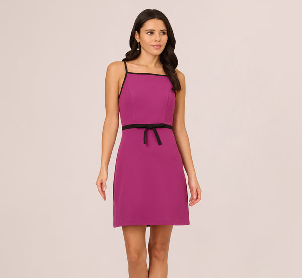 Adrianna Papell Sleeveless Contrast Tipped Short Crepe Dress In Plum Berry