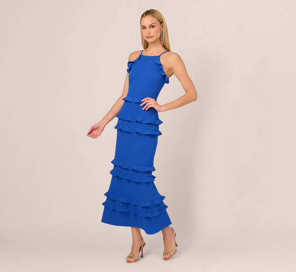 Adrianna Papell Sleeveless Crepe Flounce Midi Dress In True Blue