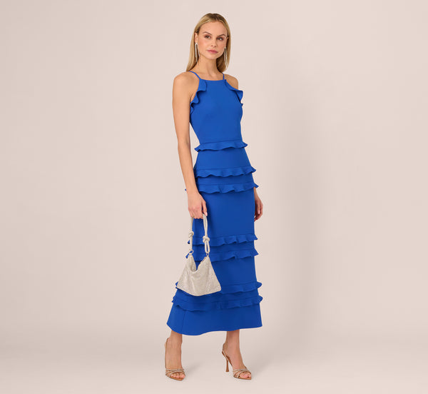 adrianna papell Sleeveless Crepe Flounce Midi Dress In True Blue