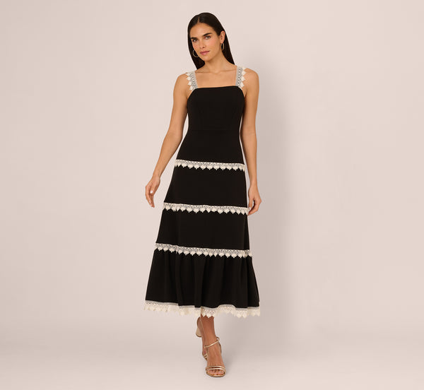 Adrianna Papell Sleeveless Crochet Lace A Line Midi Dress In Black Ecru