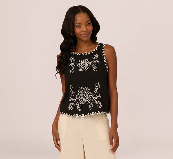 Adrianna Papell Sleeveless Cropped Floral Embroidered Top In Black Ivory
