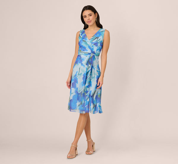 Adrianna Papell Sleeveless Draped Floral Chiffon Midi Sheath Dress In Blue Multi