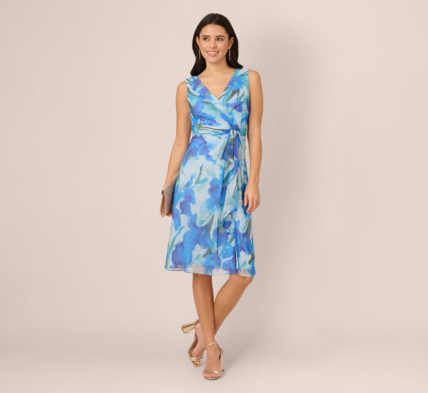 adrianna papell Sleeveless Draped Floral Chiffon Midi Sheath Dress In Blue Multi