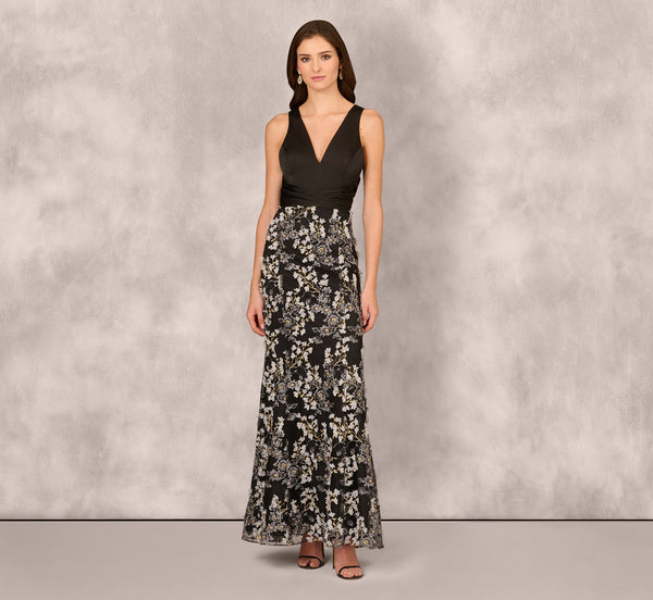 Adrianna Papell Sleeveless Embroidered A Line Gown In Grey Multi