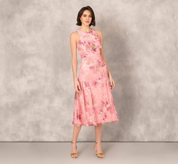 Adrianna Papell Sleeveless Embroidered Side Flounce Midi Dress In Pink Multi