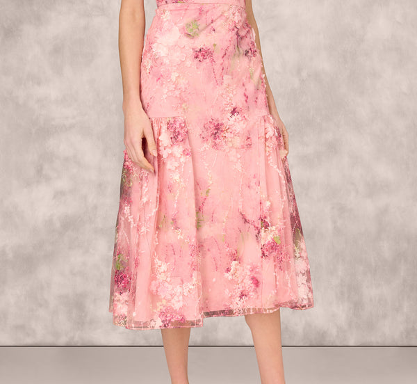 Adrianna Papell Sleeveless Embroidered Side Flounce Midi Dress In Pink Multi