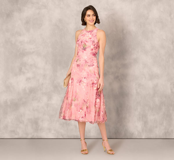 Adrianna Papell Sleeveless Embroidered Side Flounce Midi Dress In Pink Multi