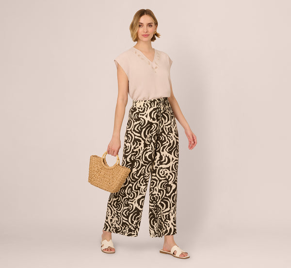 Adrianna Papell Sleeveless Embroidered V Neck Top In Pebble