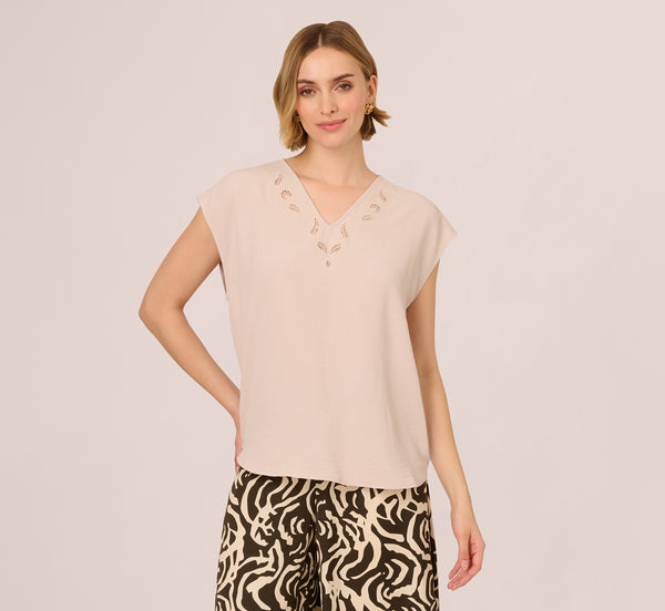 Adrianna Papell Sleeveless Embroidered V Neck Top In Pebble