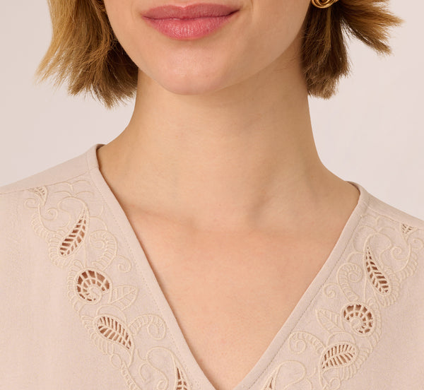 Adrianna Papell Sleeveless Embroidered V Neck Top In Pebble