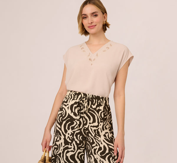 adrianna papell Sleeveless Embroidered V Neck Top In Pebble