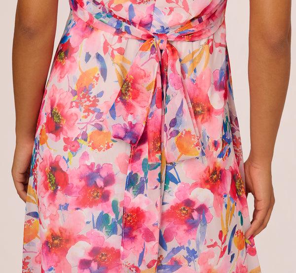 Adrianna Papell Sleeveless Floral Chiffon Halter Dress With Tie Waist In Ivory Multi