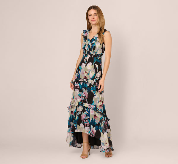 Adrianna Papell Sleeveless Floral Chiffon High Low Ruffle Gown In Black Multi