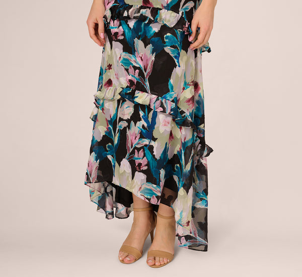 Adrianna Papell Sleeveless Floral Chiffon High Low Ruffle Gown In Black Multi