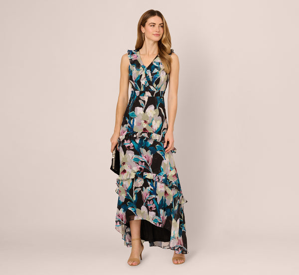 adrianna papell Sleeveless Floral Chiffon High Low Ruffle Gown In Black Multi