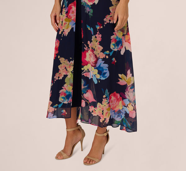 Adrianna Papell Sleeveless Floral Chiffon Overlay Jumpsuit In Navy Multi