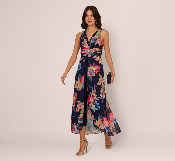 adrianna papell Sleeveless Floral Chiffon Overlay Jumpsuit In Navy Multi