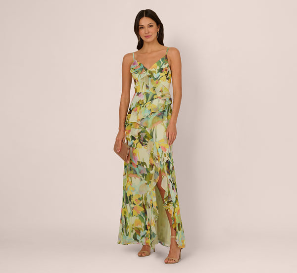 Adrianna Papell Sleeveless Floral Chiffon Ruffle Cascade Gown In Green Multi