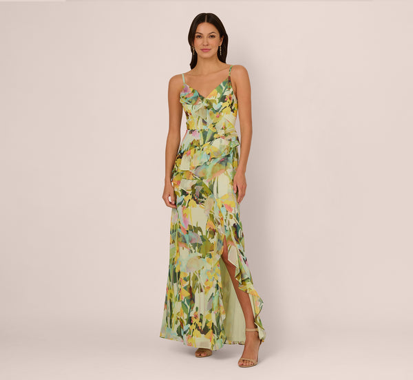 Adrianna Papell Sleeveless Floral Chiffon Ruffle Cascade Gown In Green Multi