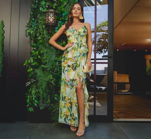 adrianna papell Sleeveless Floral Chiffon Ruffle Cascade Gown In Green Multi