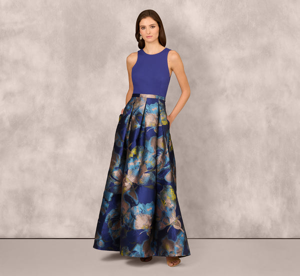 Adrianna Papell Sleeveless Floral Jacquard Combo Ballgown In Blue Yellow Multi
