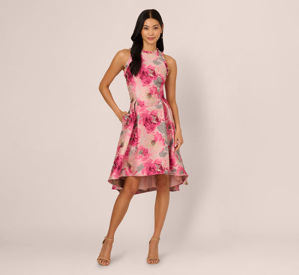 Adrianna Papell Sleeveless Floral Jacquard Fit And Flare High Low Dress In Pink Multi