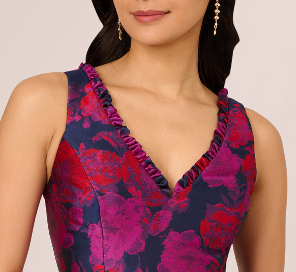 Adrianna Papell Sleeveless Floral Jacquard Midi Dress With High Low Skirt In Navy Multi