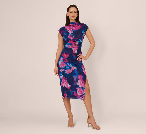 Adrianna Papell Sleeveless Floral Mesh Draped Midi Dress In Navy Pink Multi