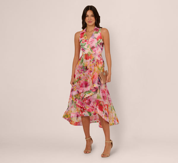 Adrianna Papell Sleeveless Floral Organza Collared High Low Dress In Pink Multi