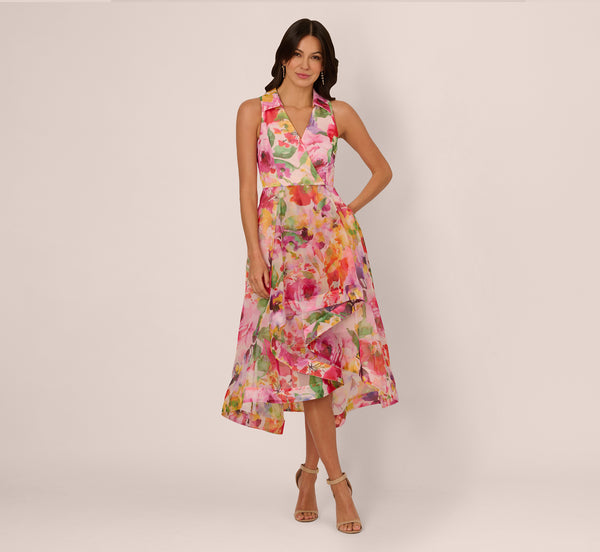 Adrianna Papell Sleeveless Floral Organza Collared High Low Dress In Pink Multi