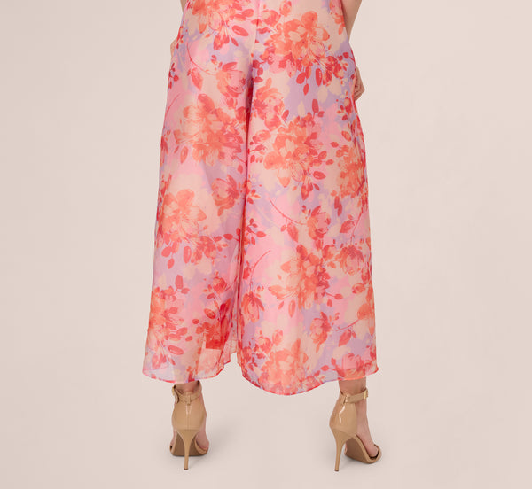 Adrianna Papell Sleeveless Floral Organza Wide Leg Jumpsuit In Peri Coral Multi