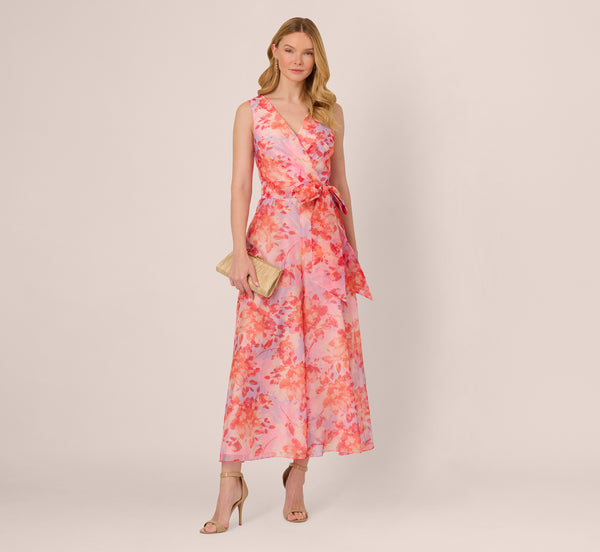 adrianna papell Sleeveless Floral Organza Wide Leg Jumpsuit In Peri Coral Multi
