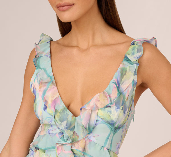 Adrianna Papell Sleeveless Floral Print High Low Maxi Dress With Ruffle Trim In Mint Multi