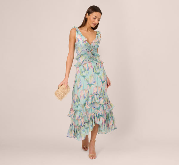 adrianna papell Sleeveless Floral Print High Low Maxi Dress With Ruffle Trim In Mint Multi