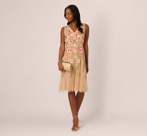 adrianna papell Sleeveless Fringe Trim Floral Bead Midi Dress In Nude Multi