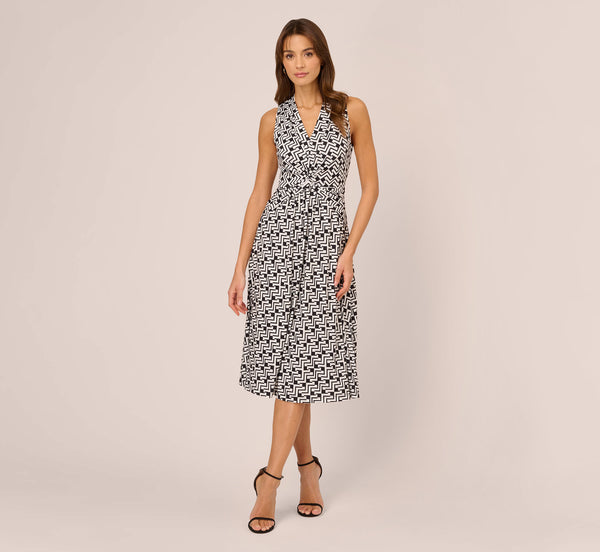 Adrianna Papell Sleeveless Geo Print Midi Dress With Knotted Detail In Black White
