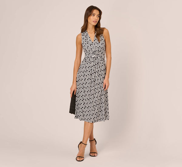 adrianna papell Sleeveless Geo Print Midi Dress With Knotted Detail In Black White