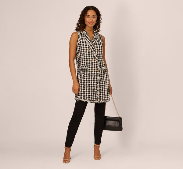 adrianna papell Sleeveless Houndstooth Duster Vest With Raw Edges In Black Ivory Boucle Houndstooth