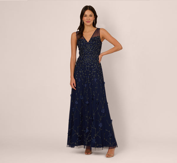 Adrianna Papell Sleeveless Illusion 3D Petal Beaded Gown In Light Navy