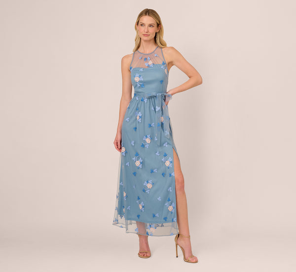 Adrianna Papell Sleeveless Illusion Embroidered Maxi Dress In French Blue Multi