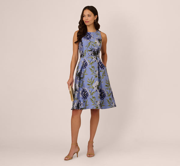 Adrianna Papell Sleeveless Jacquard Fit And Flare Midi Dress In Blue Multi