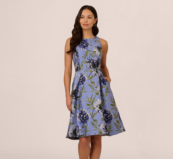 Adrianna Papell Sleeveless Jacquard Fit And Flare Midi Dress In Blue Multi