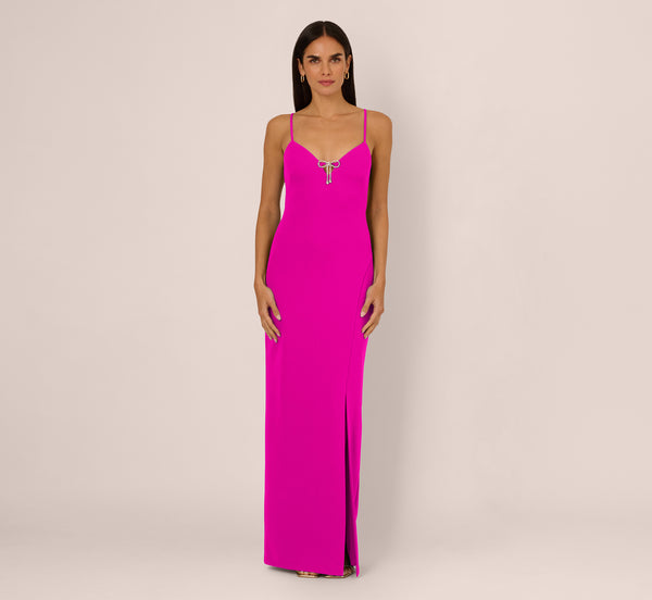 Adrianna Papell Sleeveless Knit Crepe Rhinestone Bow Column Gown In Pink Flame