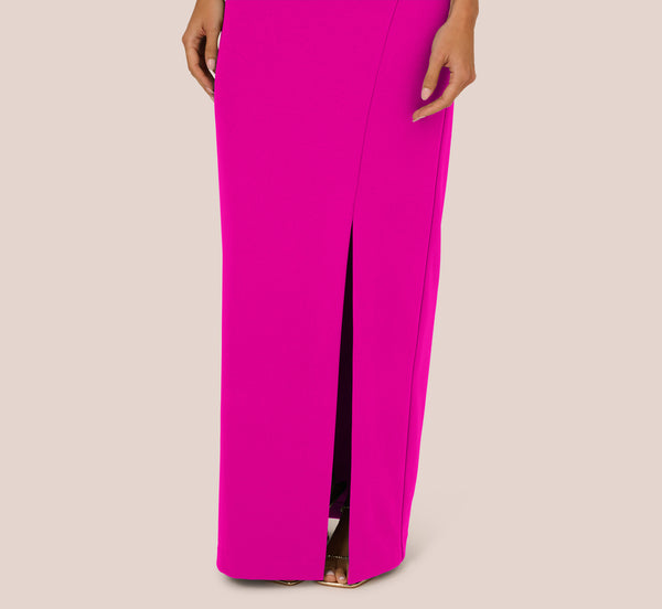 Adrianna Papell Sleeveless Knit Crepe Rhinestone Bow Column Gown In Pink Flame