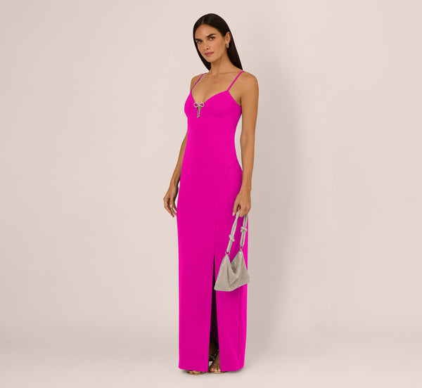 adrianna papell Sleeveless Knit Crepe Rhinestone Bow Column Gown In Pink Flame