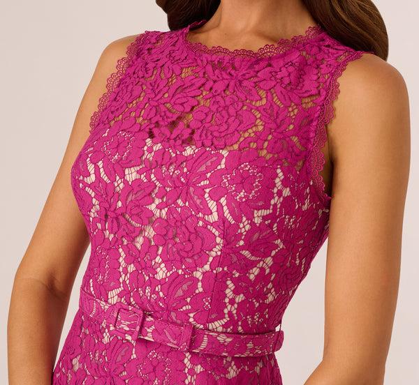 Adrianna Papell Sleeveless Lace Fit And Flare Dress With Sheer Details In Orchid